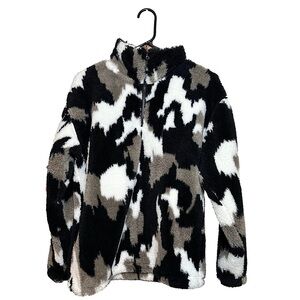 EDDIE BAUER Gray, Black, and White Fluffy Faux Fur High Neck Quarter Zip Jacket